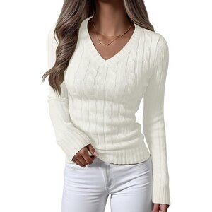 Women Cream White Pull On Cable Knit Long Sleeve V Neck Fitted Casual Sweater